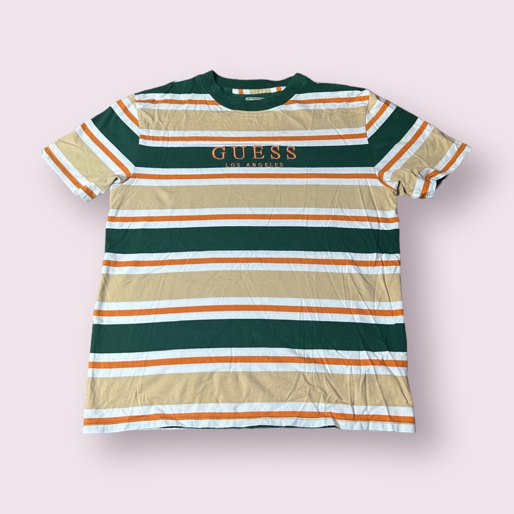 Men’s Guess Los Angeles Tan White Green Orange Stripe S/S Tee Shirt Sz Small